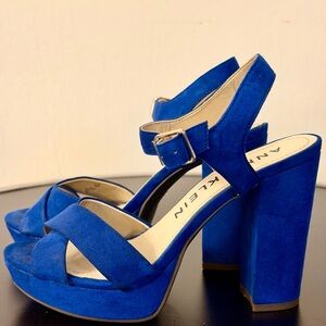 Anne Klein Blue Suede Block Heel Platform Sandals
